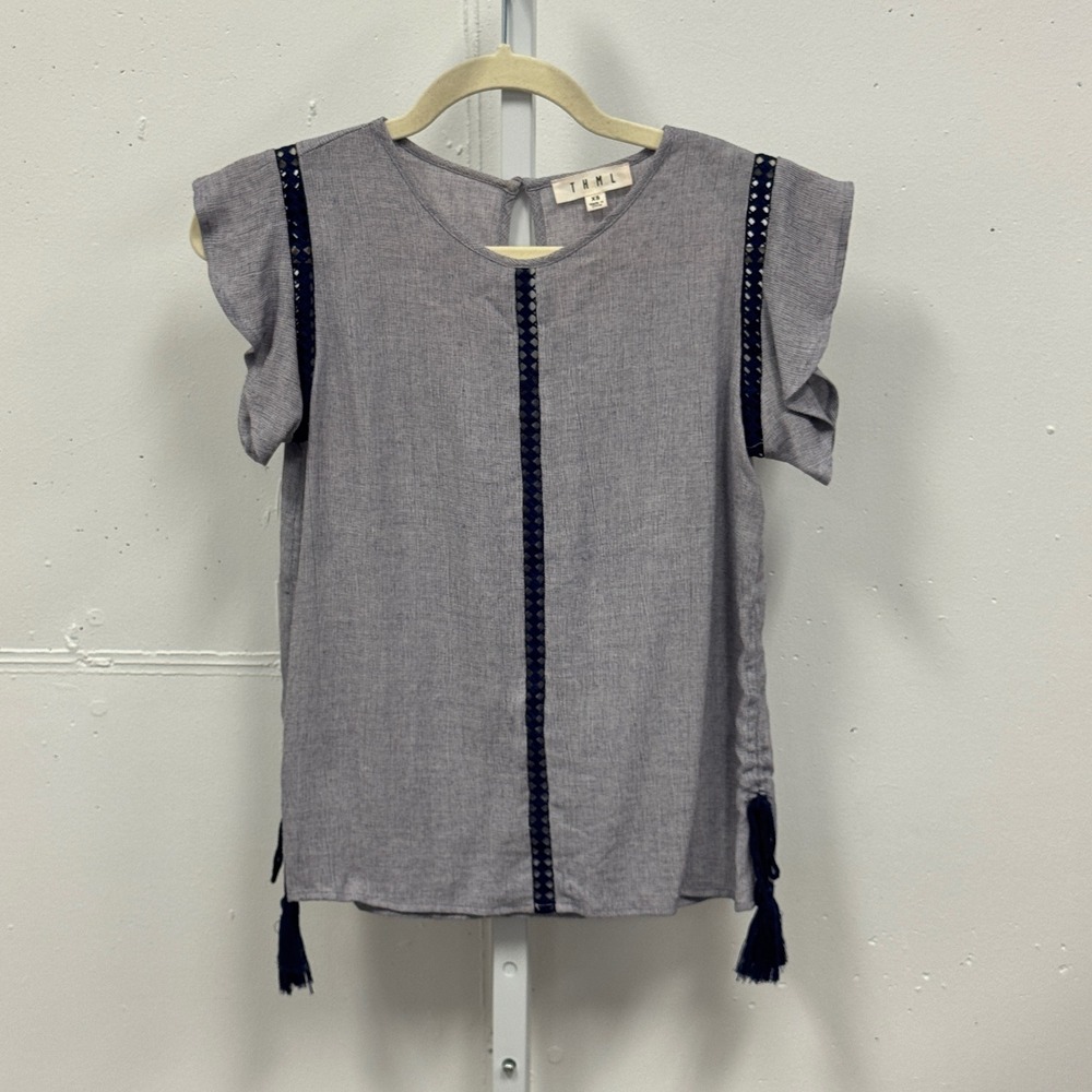 THML Flutter Sleeve Crochet Trim Tassel Top Gray Navy Blue XS TM4677-1 Boho